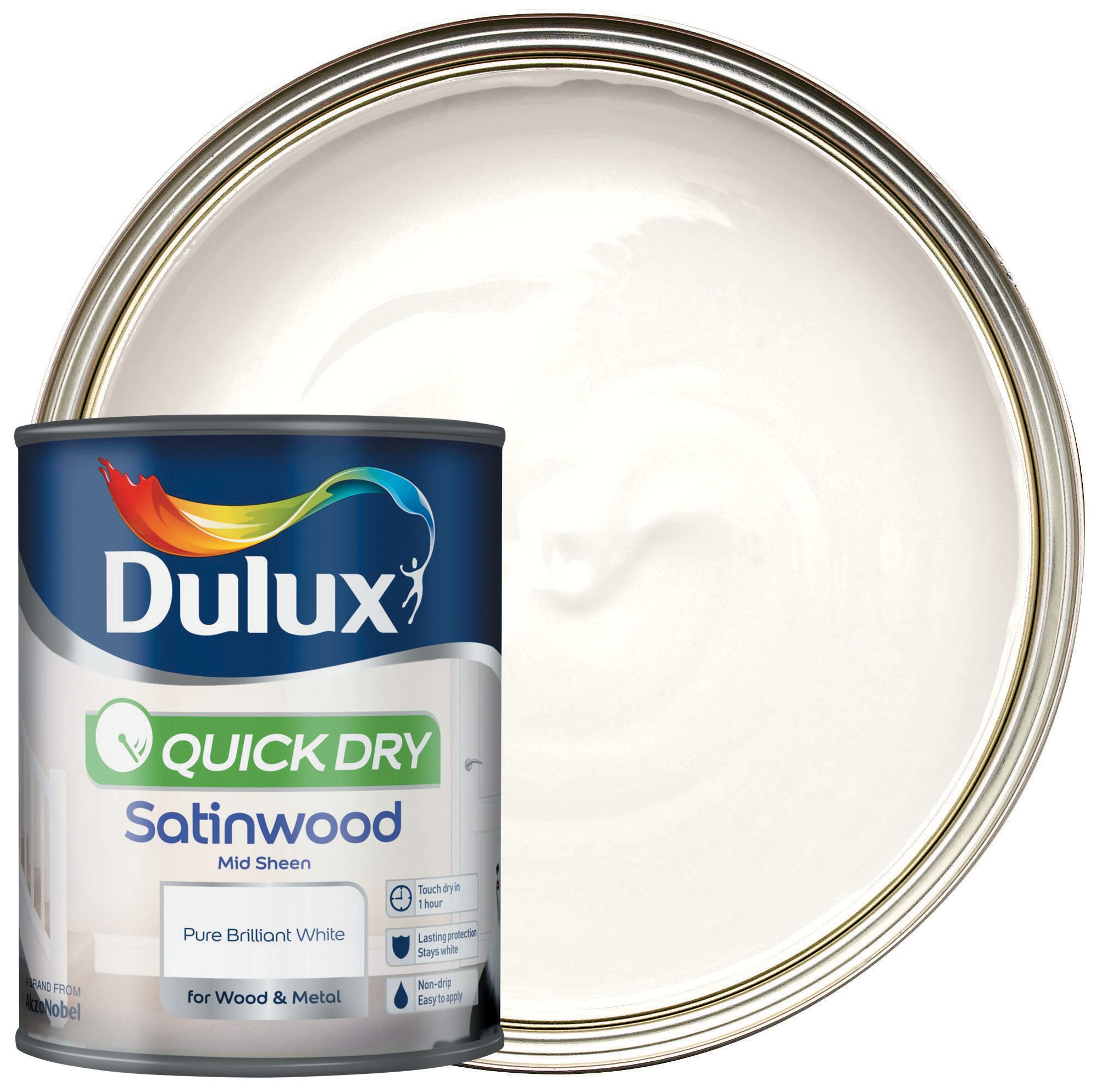 Image of Dulux Quick Dry Satinwood Paint - Pure Brilliant White 750ml