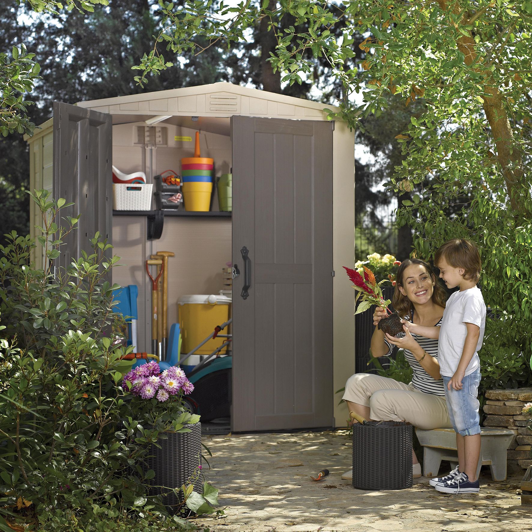 Image of Keter Factor 6 x 6ft Double Door Outdoor Apex Garden Storage Shed - Brown