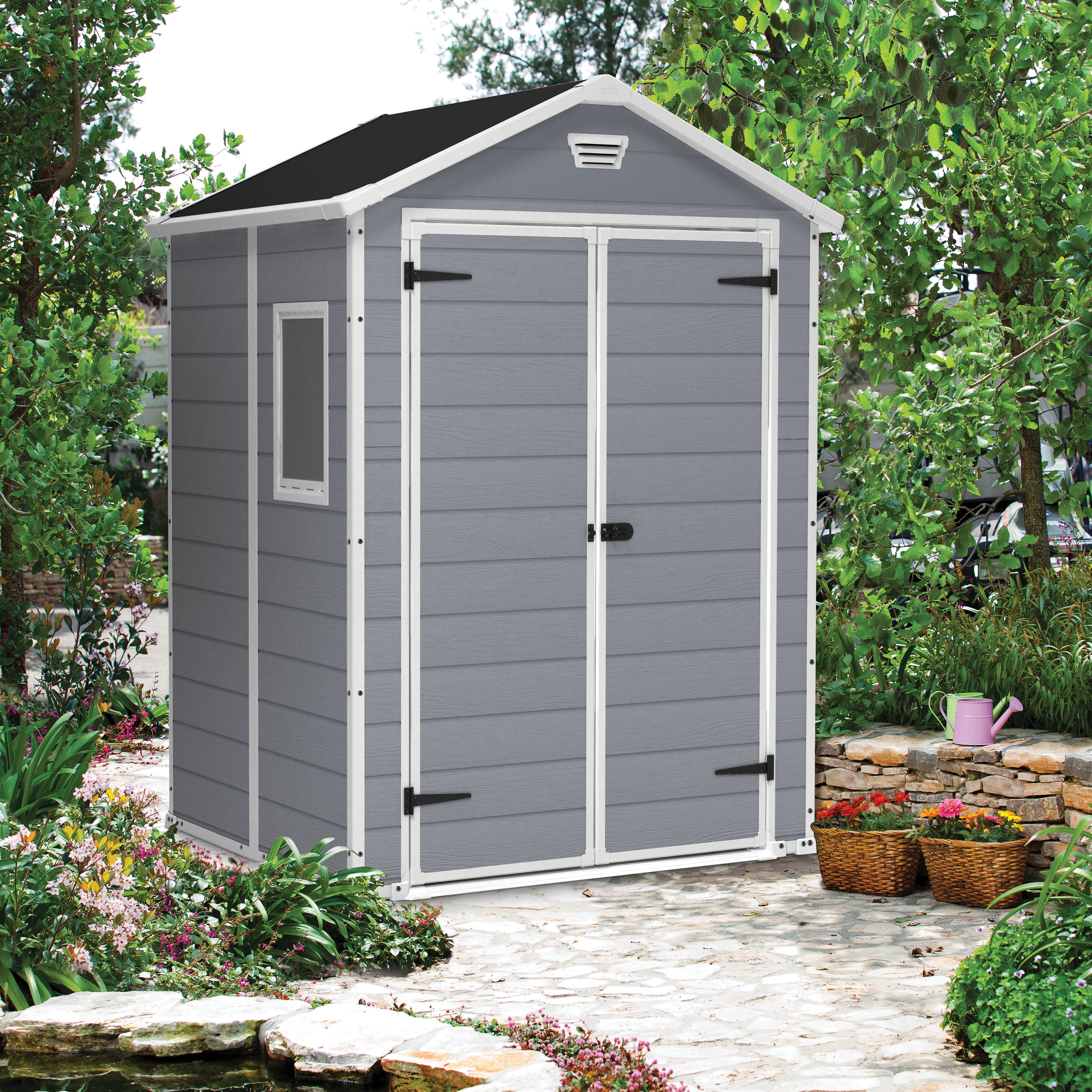 Image of Keter Manor 6 x 5ft Double Door Outdoor Apex Garden Storage Shed - Grey