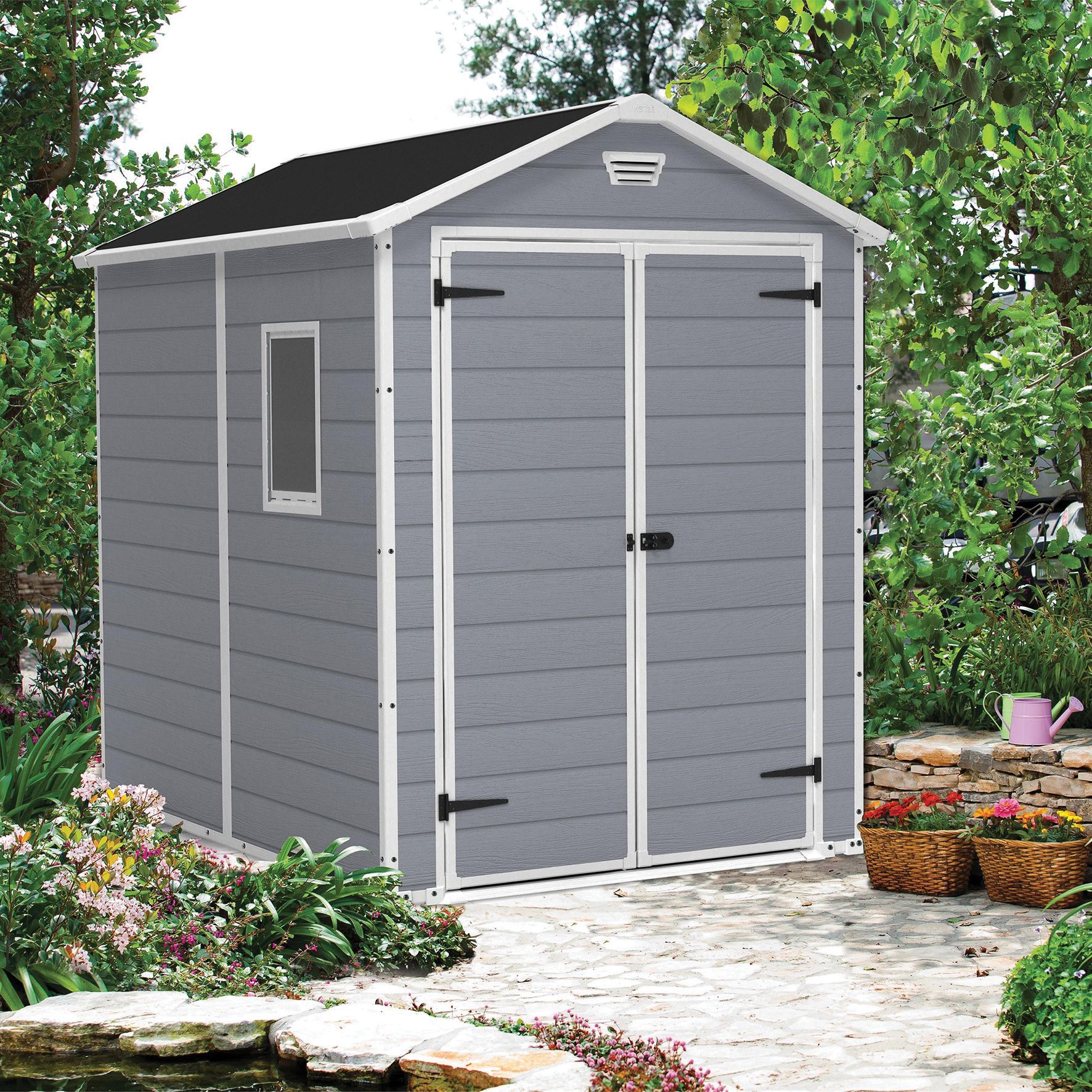 Image of Keter Manor 6 x 8ft Double Door Outdoor Apex Garden Storage Shed - Grey