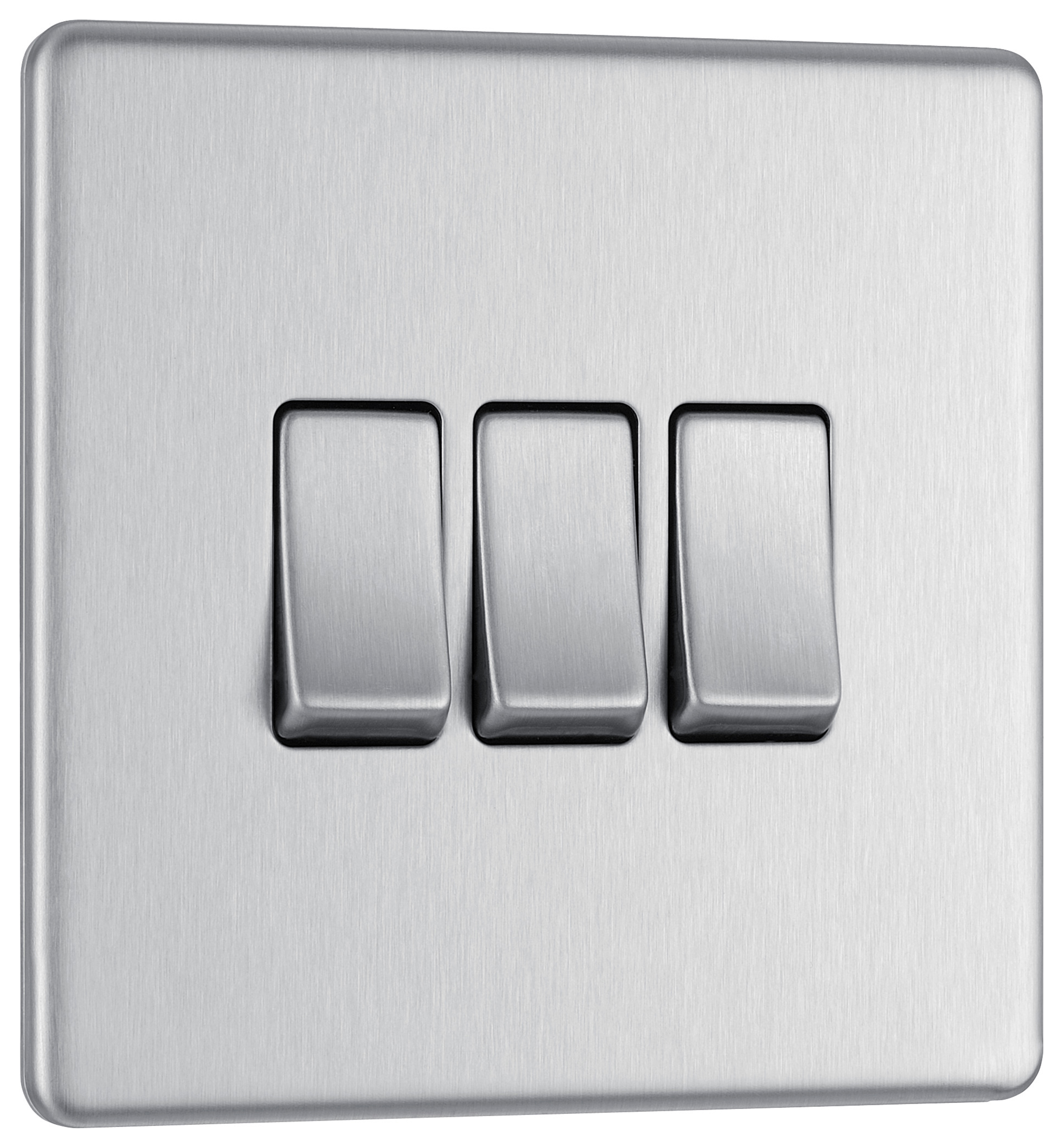 BG Screwless Flatplate Brushed Steel Triple Switch, 10Ax 2 Way