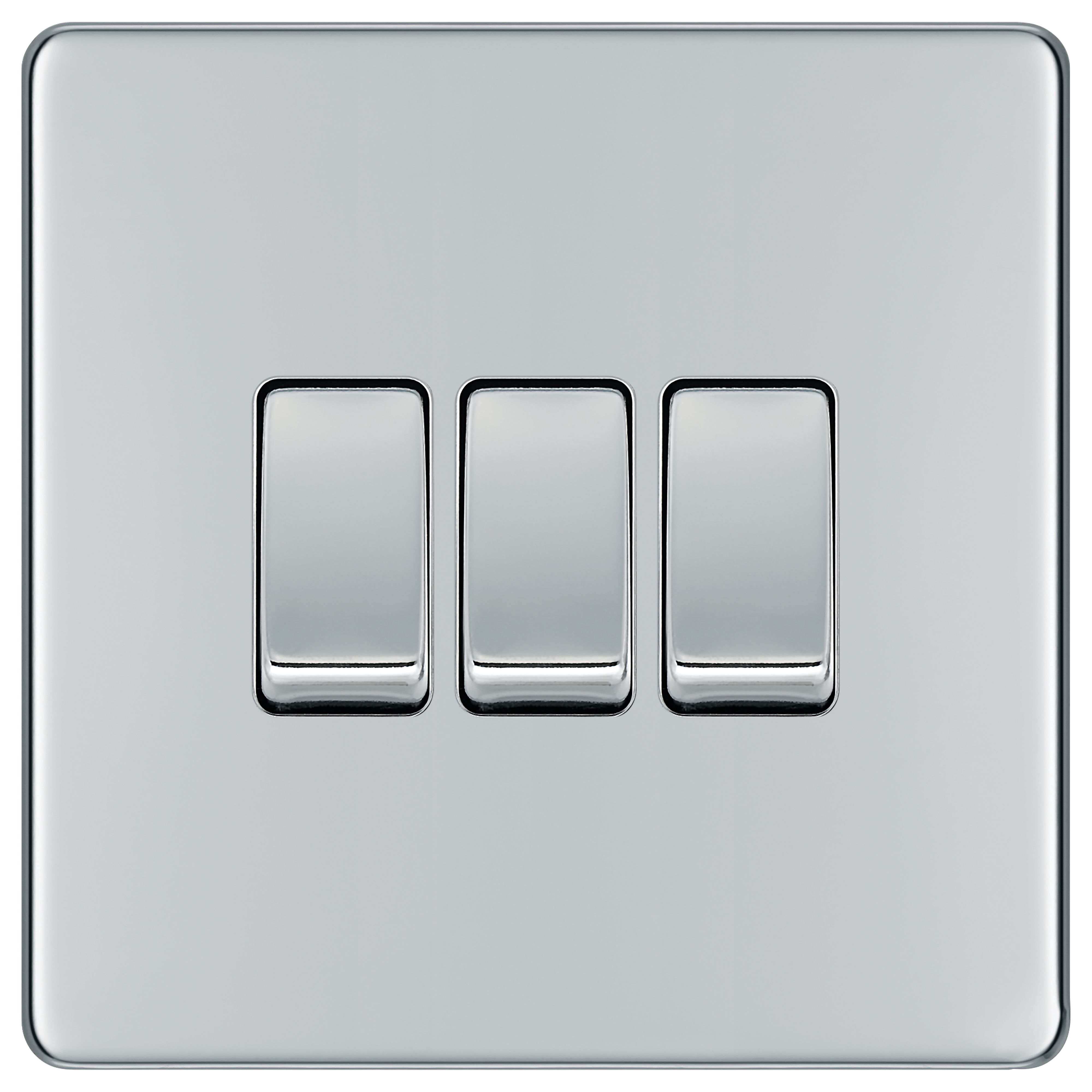 BG 10Ax 2 Way Screwless Flat Plate Triple Switch - Polished Chrome