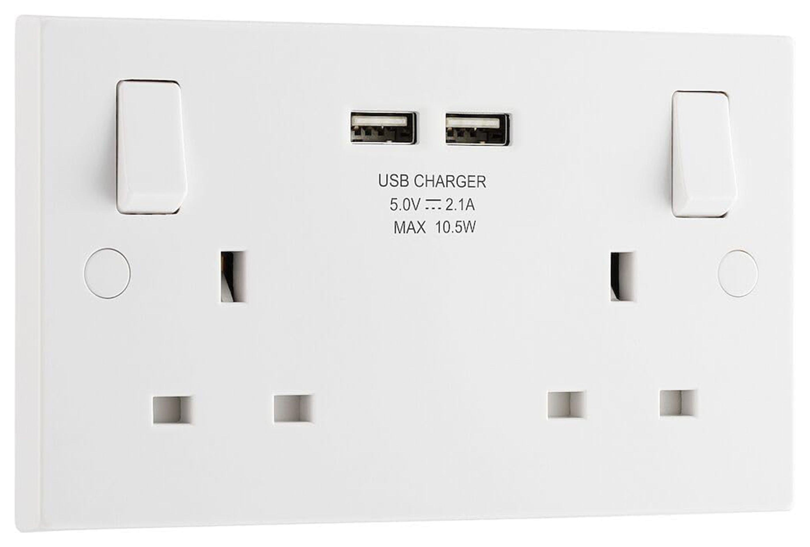 Wickes 13 Amp Twin Switched Plug Socket with 2 USB Ports - White