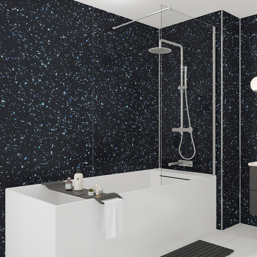 Image of Mermaid Black Sparkle Gloss Laminate Single Shower Panel 2400mm x 900mm