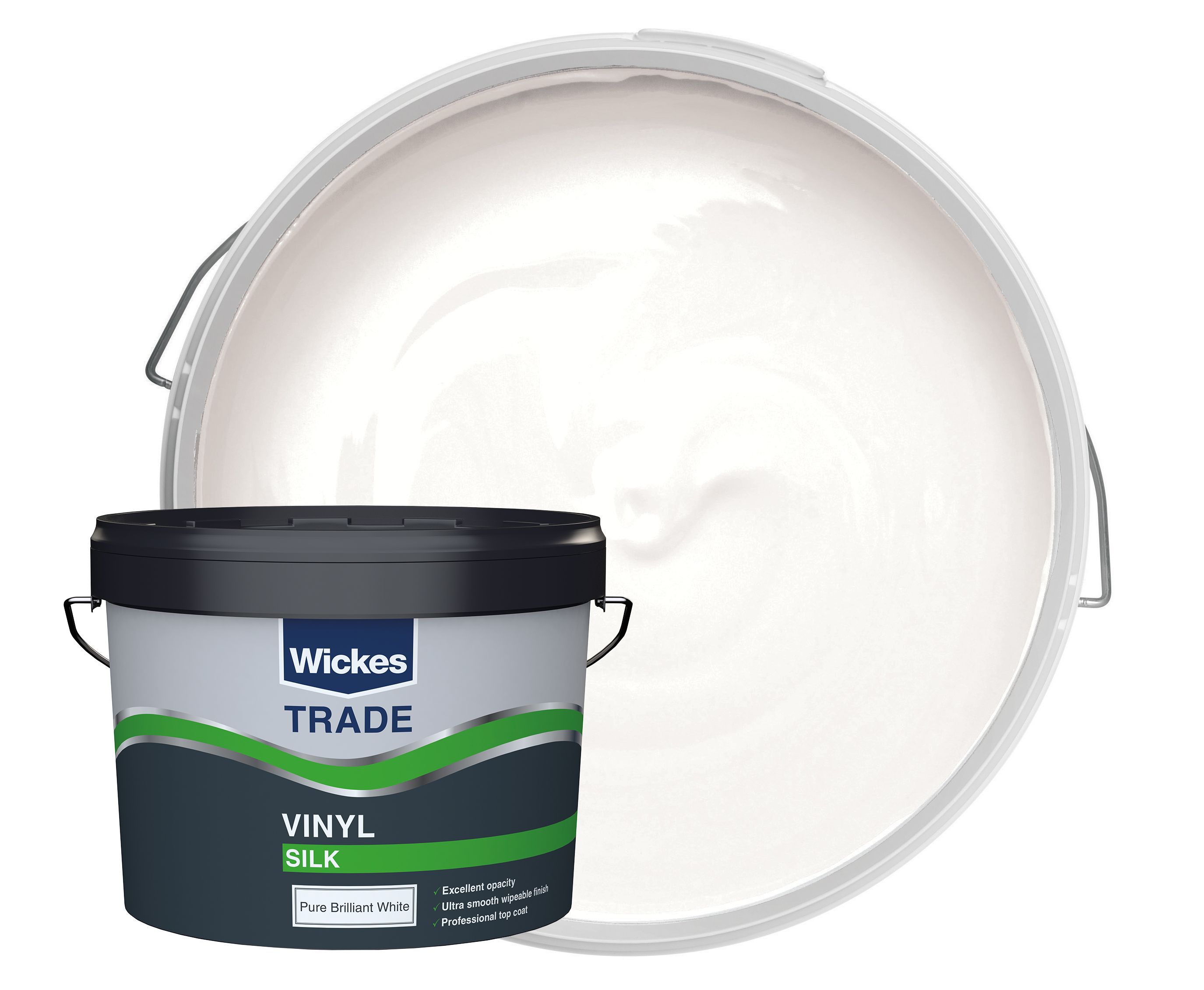 Image of Wickes Trade Vinyl Silk Emulsion Paint - Pure Brilliant White - 10L
