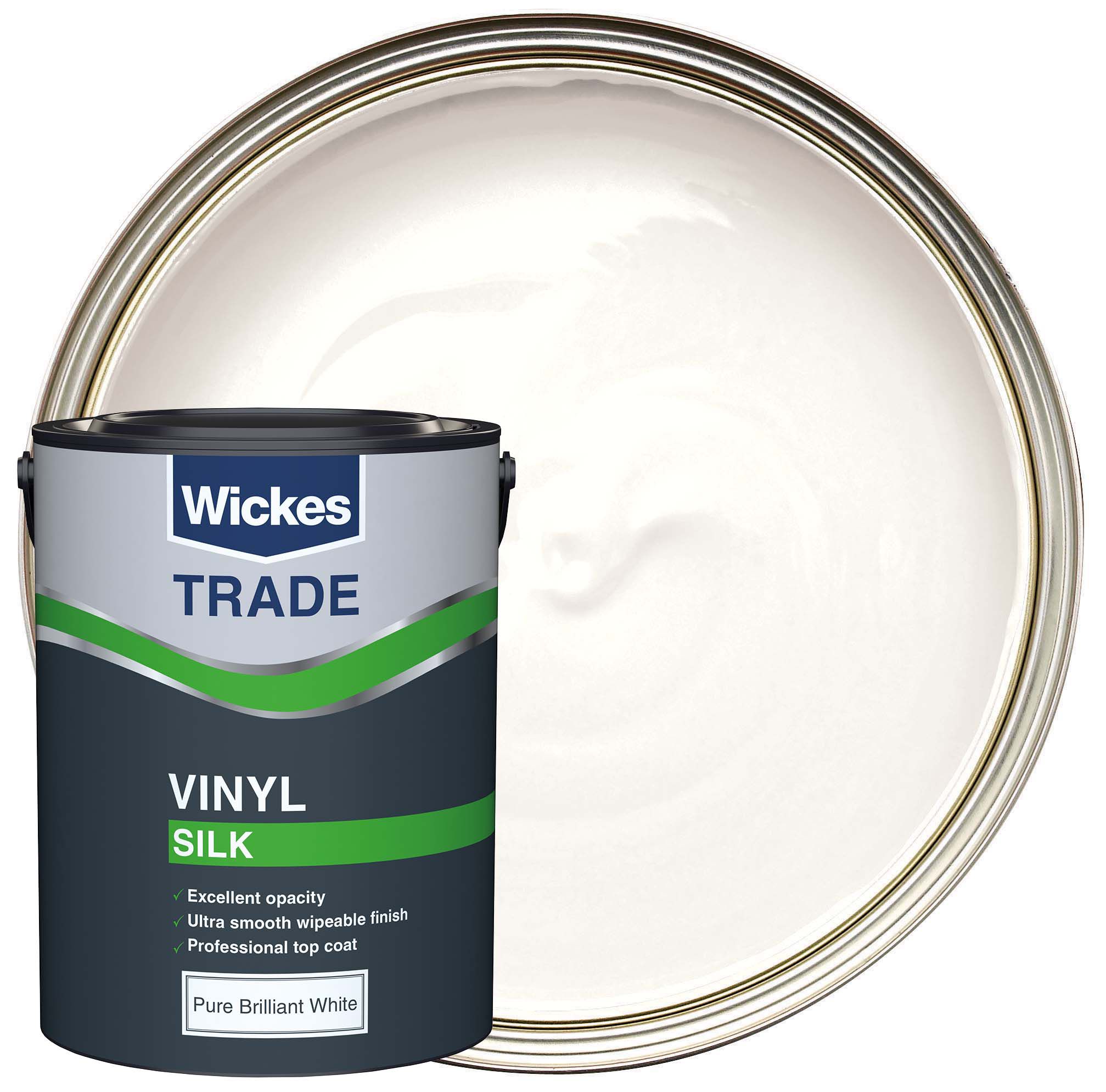 Image of Wickes Trade Vinyl Silk Emulsion Paint - Pure Brilliant White - 5L