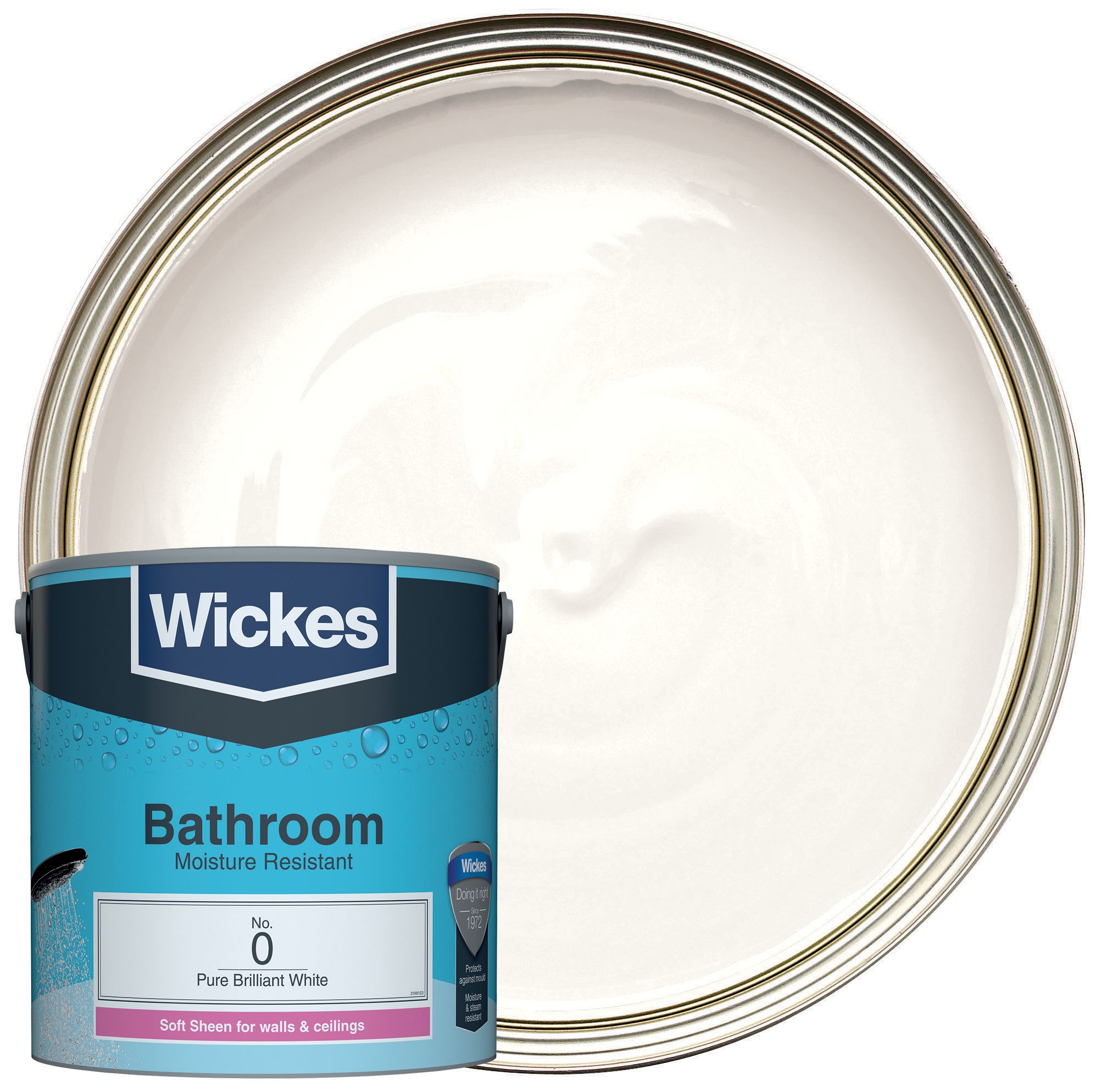 Image of Wickes Bathroom Soft Sheen Emulsion Paint - Pure Brilliant White No.0 - 2.5L