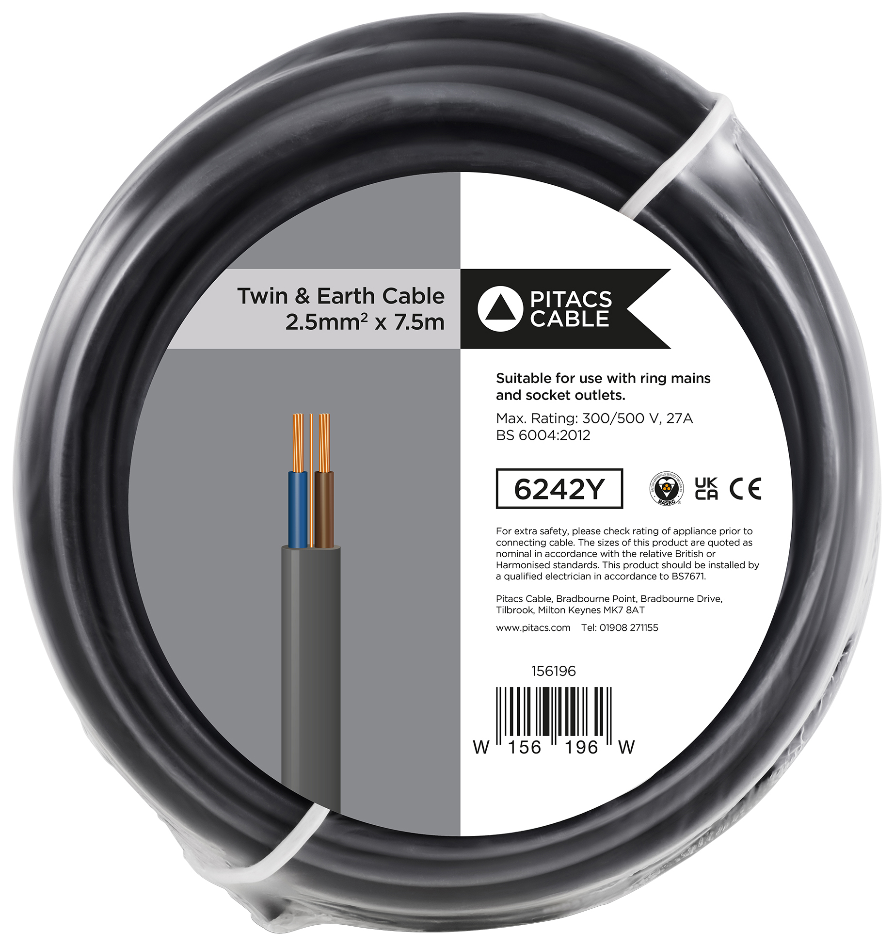 Image of Twin & Earth 6242Y Grey Cable - 2.5mm² - 7.5m
