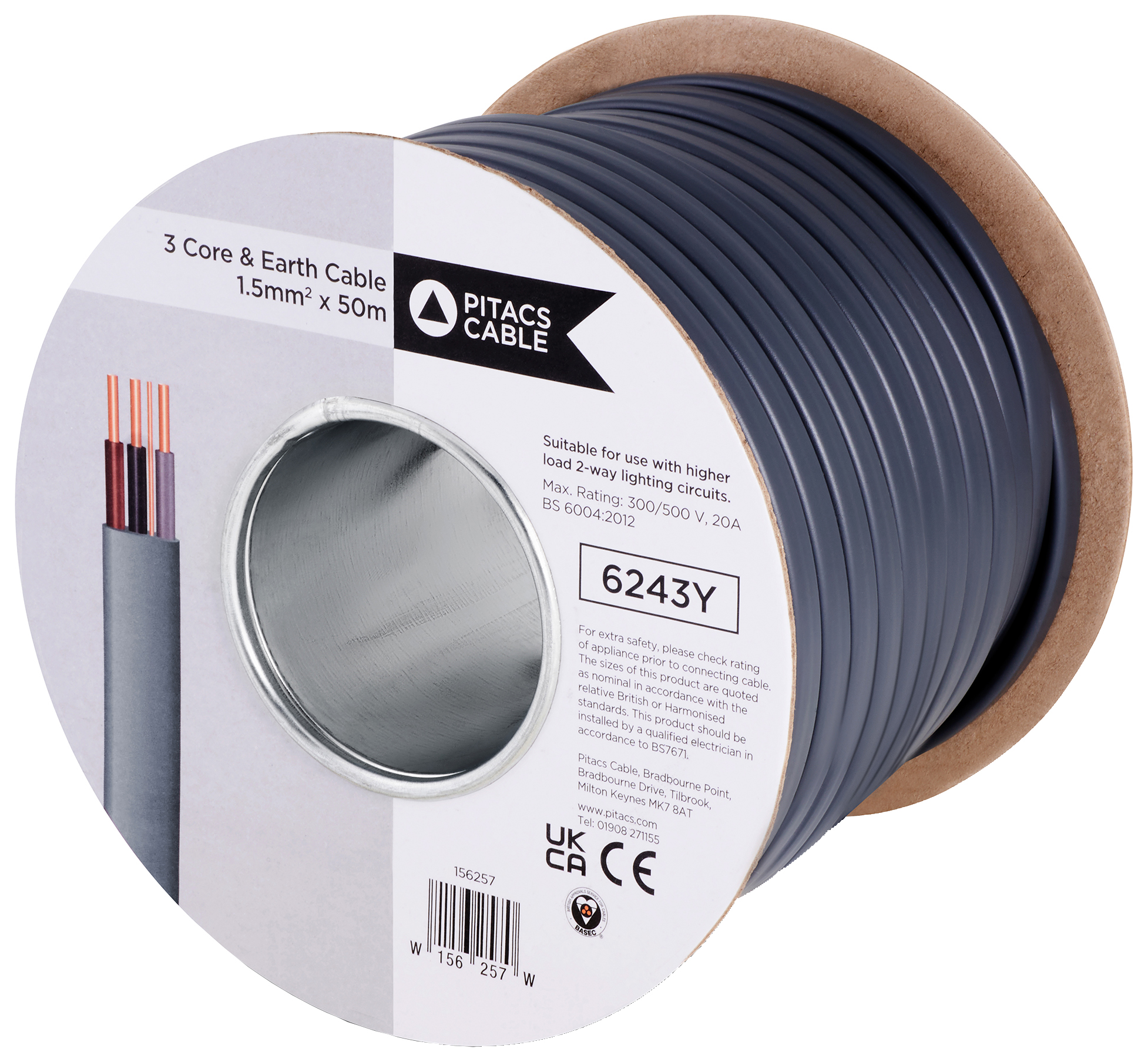 3 Core & Earth Cable - Grey - 1.5mm2 x 50m