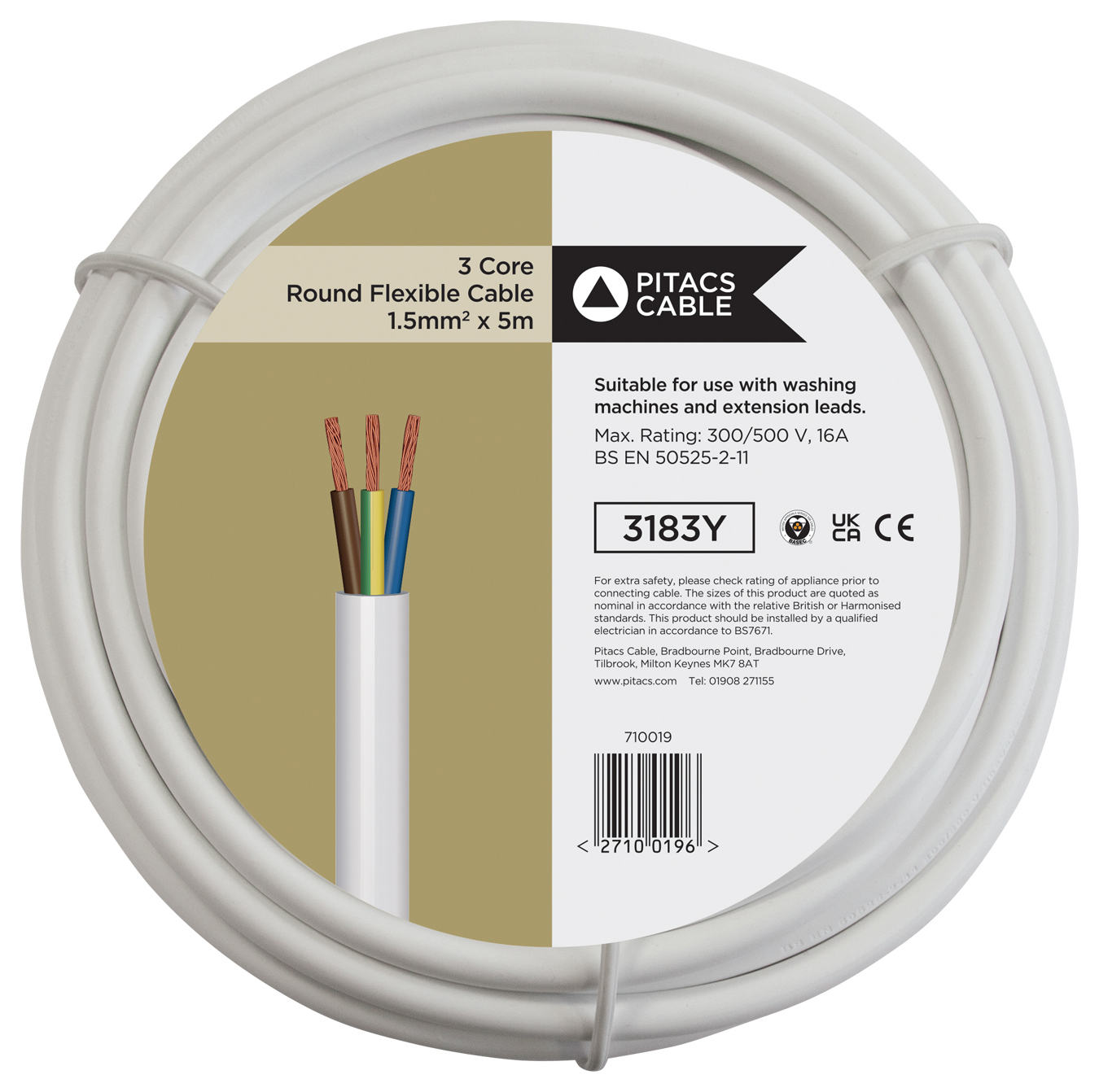 Image of 3 Core 3183Y White Round Flexible Cable - 1.5mm² - 5m