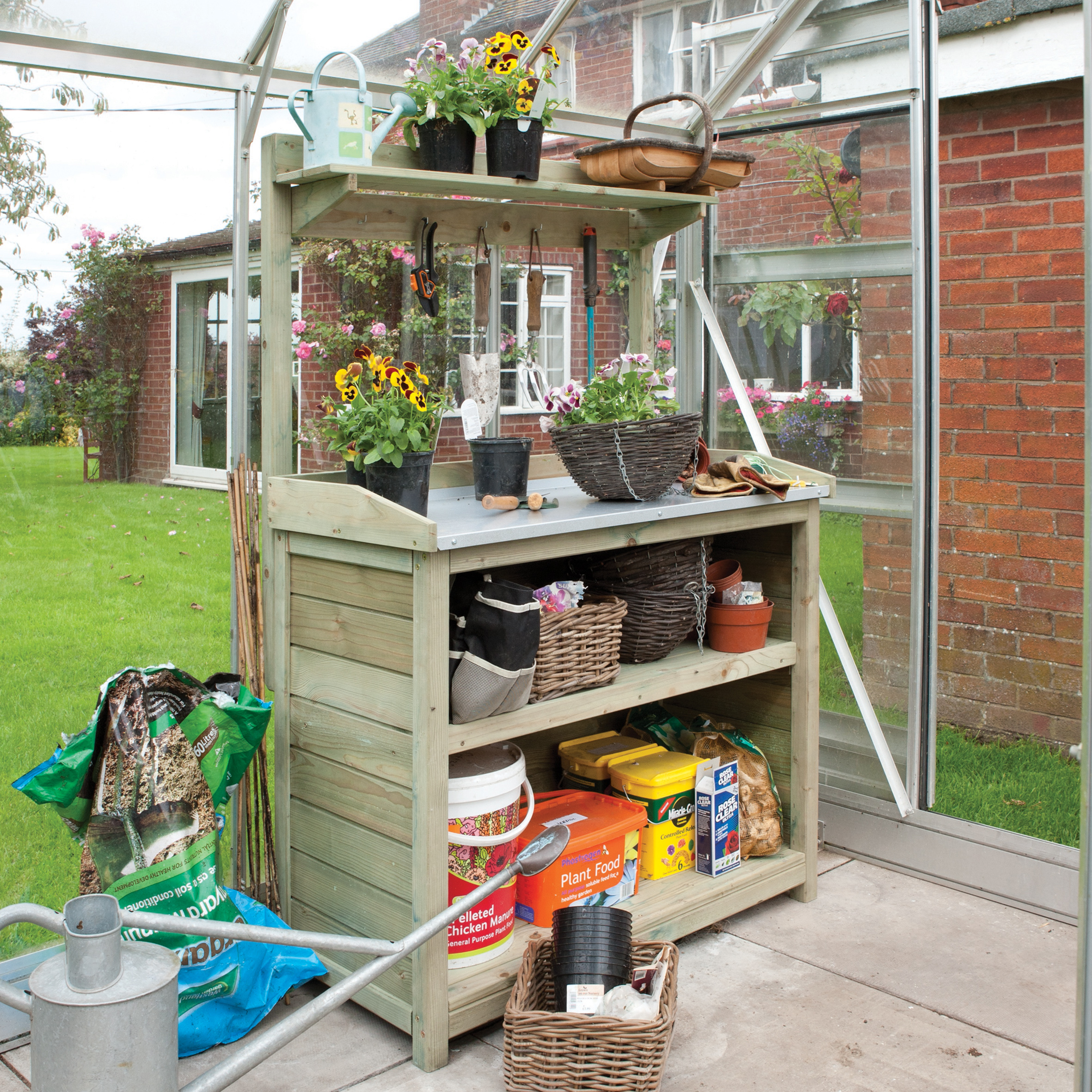 Image of Rowlinson 3 x 2ft Timber Potting Table with Shelves