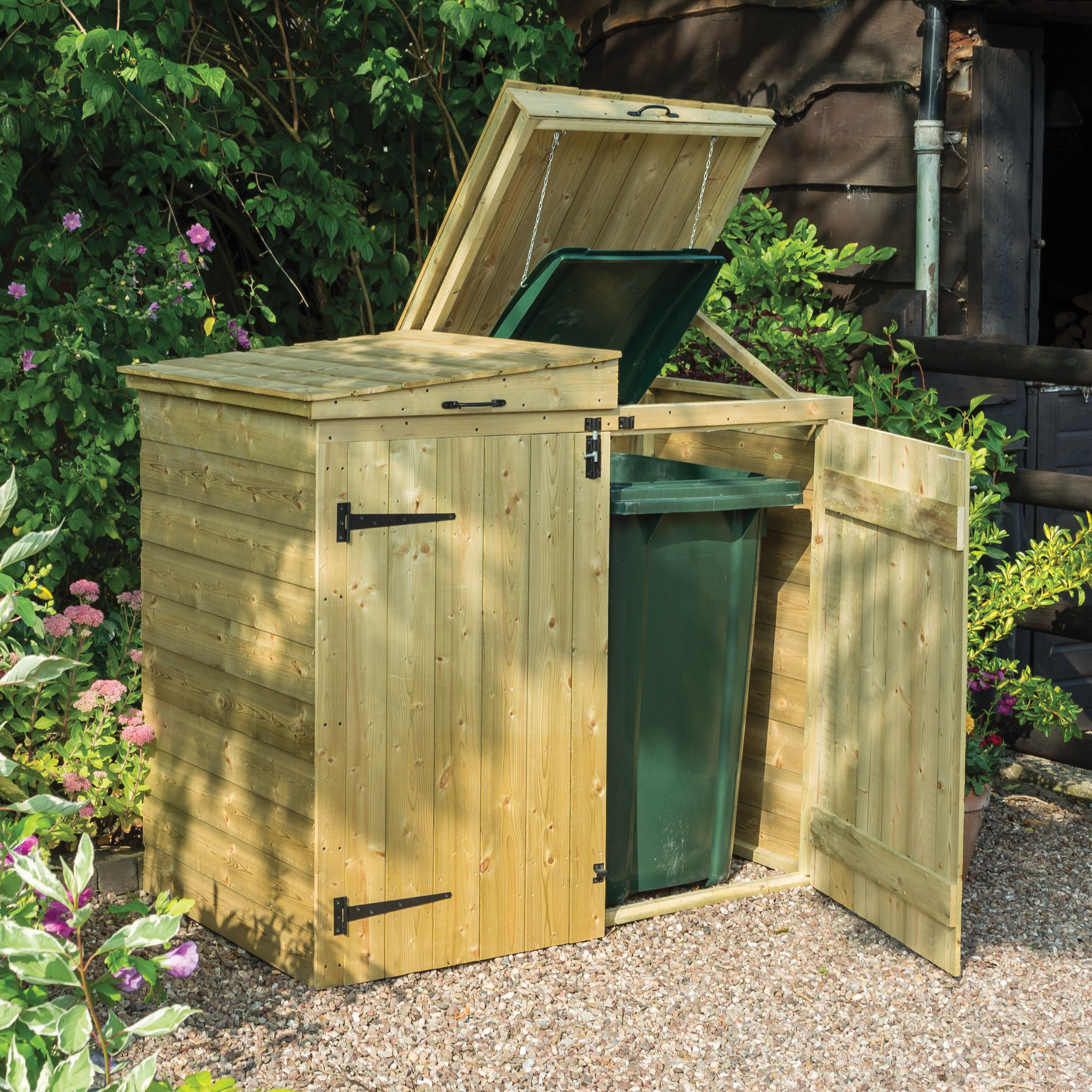Image of Rowlinson 5 x 3ft Large Timber Double Wheelie Bin Storage with Lifting Lid