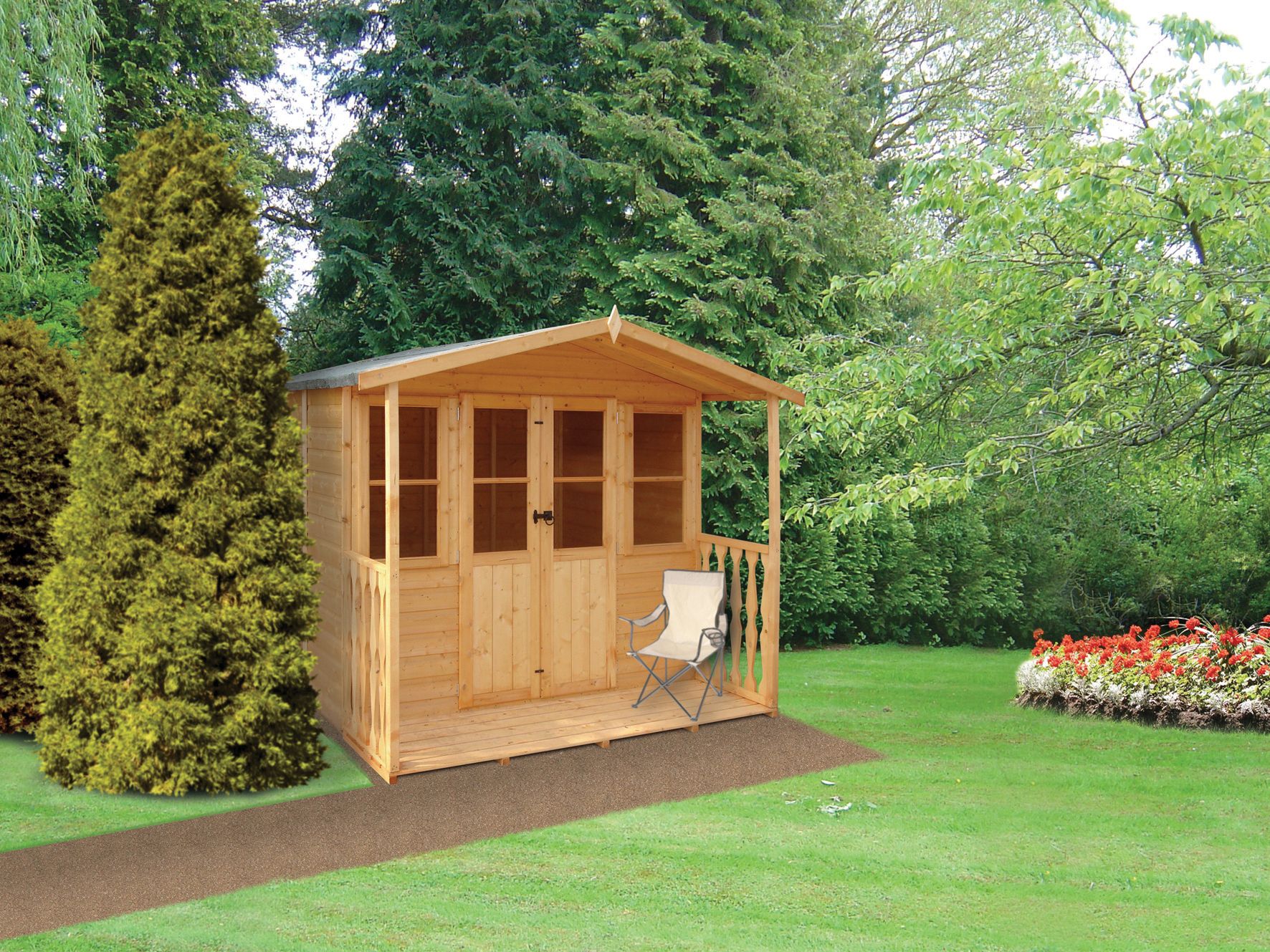 Shire Houghton 7 x 7ft Double Door Apex Dip Treated Summer House with Veranda