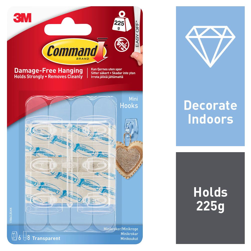COMMAND ADHESIVE SMALL HOOKS CLEAR PACK 2 HOOKS AND 4 STRIPS