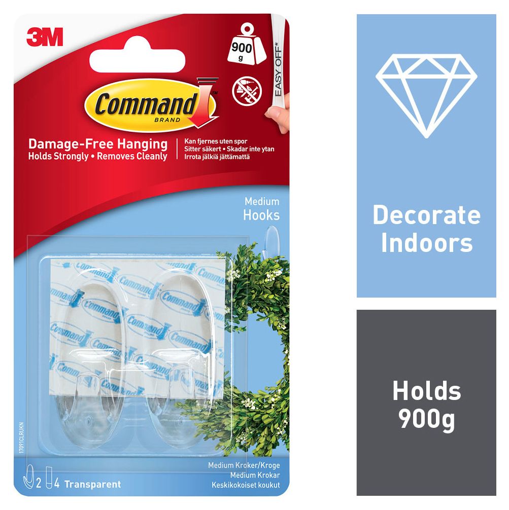 Buy 3M Command, Medium Clear Wall Hooks, Up to 900gms, Holds