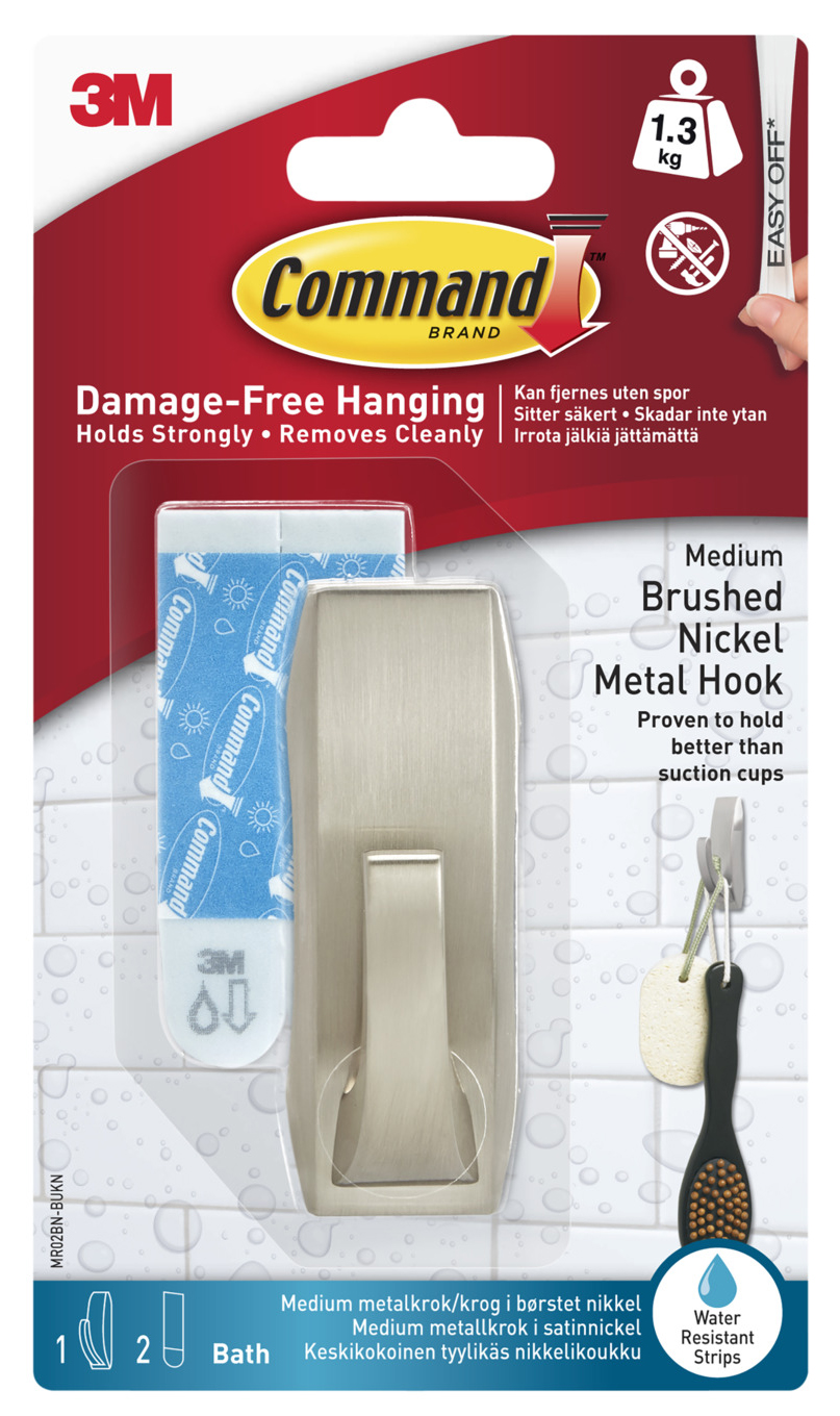 Command Brushed Nickel Metal Bath Hook - Medium