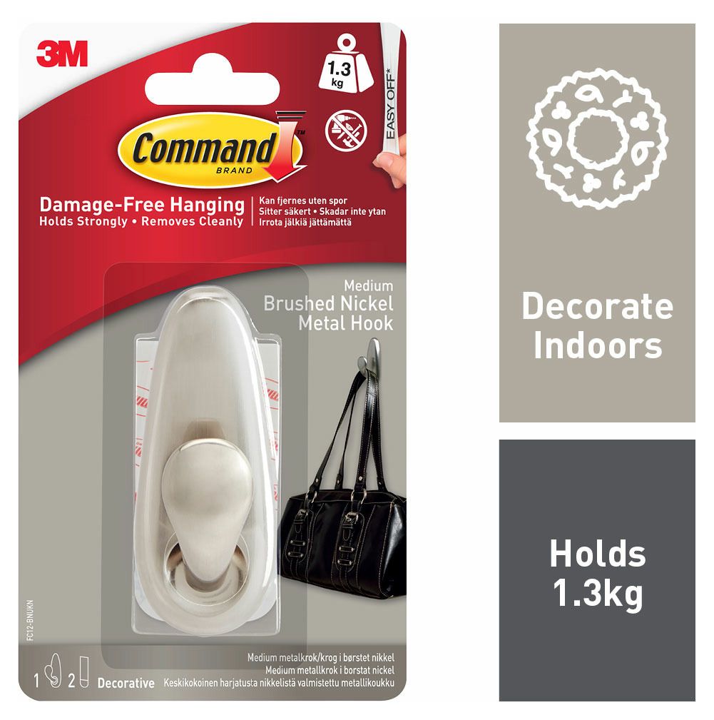 Command Brushed Nickel Medium Metal Hook